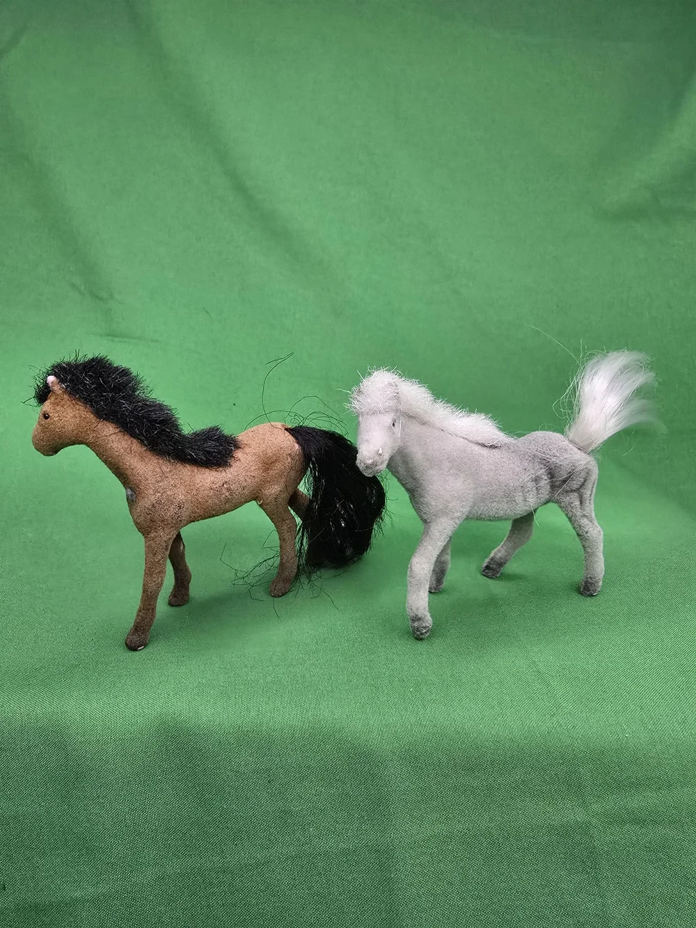 Vintage Flocked Horse Figures Lot of 2 Fuzzy Model Horses Real Hair Mane Tail